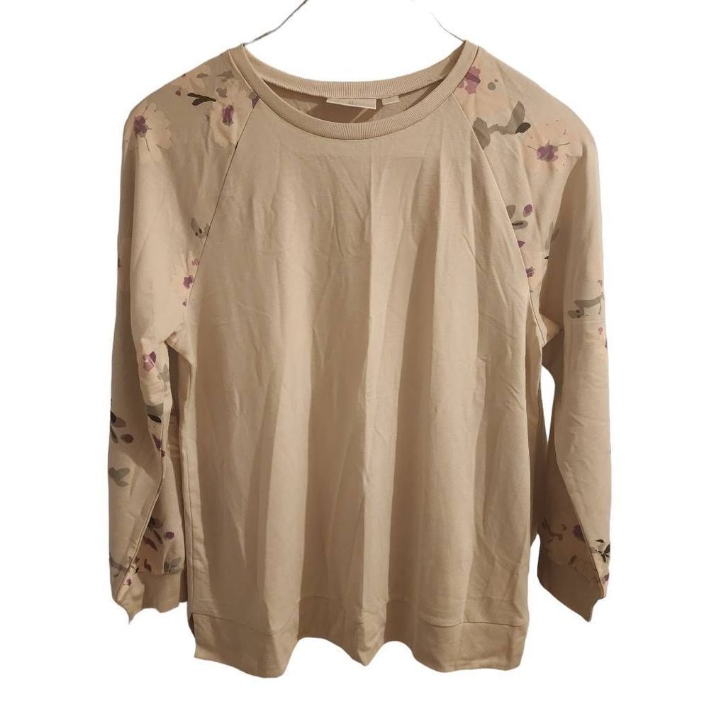 Belle Kim Gravel NWOT Neutral Long Sleeve Contrast Sleeve Floral Top Size Medium